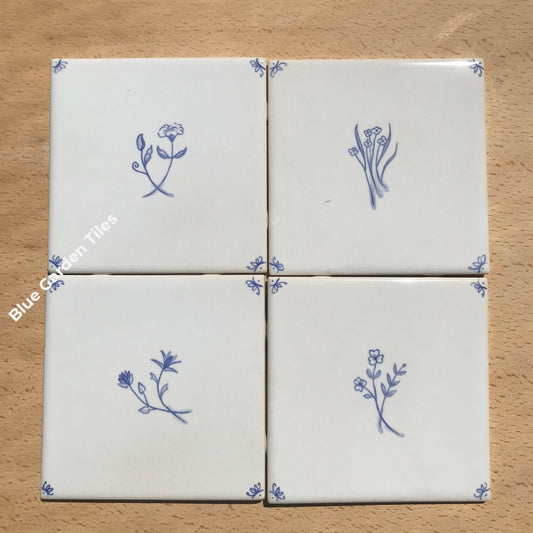 Set Of Four 6 French Country Hand Painted Tiles - Fine Flowers Motif Backsplash Wall Decoration