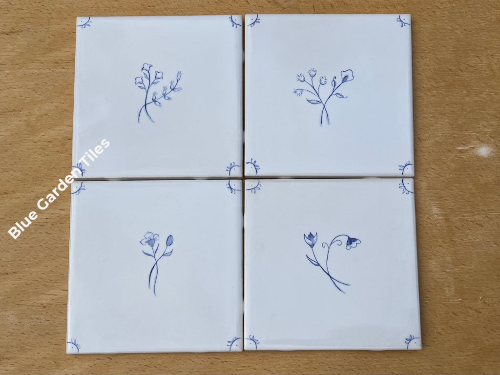 Set Of Four 6 French Country Hand Painted Tiles Ii - Fine Flowers Motif Backsplash Wall Decoration