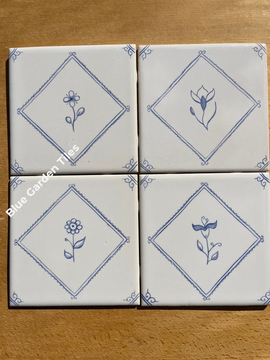 Set Of Four 6 Hand Painted Tiles Delft Style