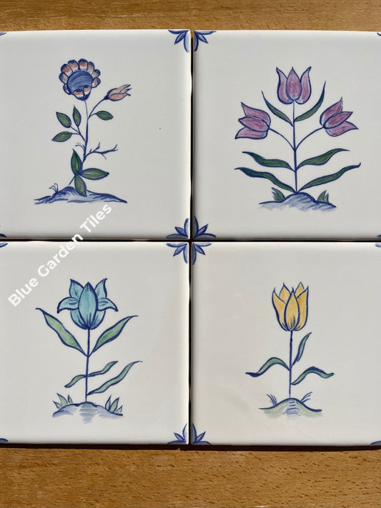 Set Of Four 6 Hand Painted Tiles Polychromatic Flowers Delft Style