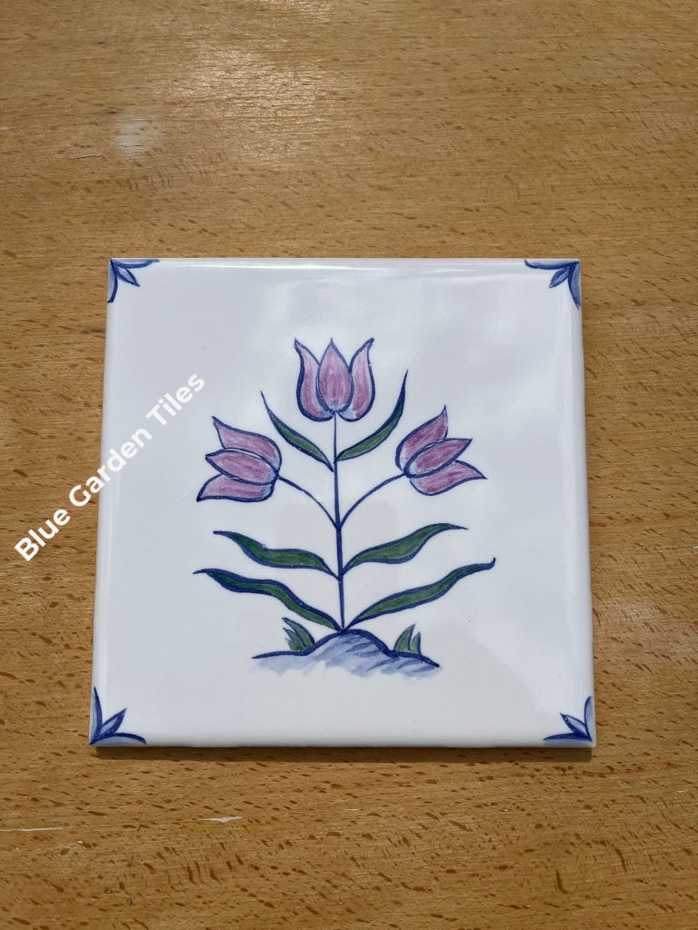 Set Of Four 6 Hand Painted Tiles Polychromatic Flowers Delft Style