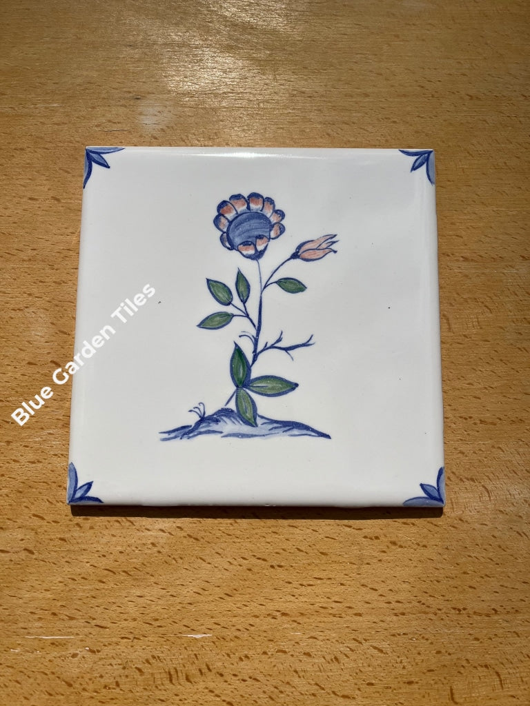 Set Of Four 6 Hand Painted Tiles Polychromatic Flowers Delft Style