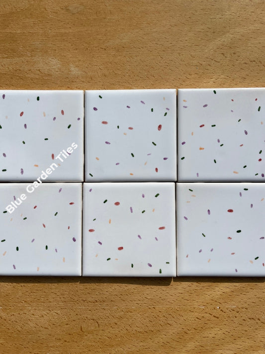 Set Of Six 4.25 Hand Painted Tiles Confetti Motif