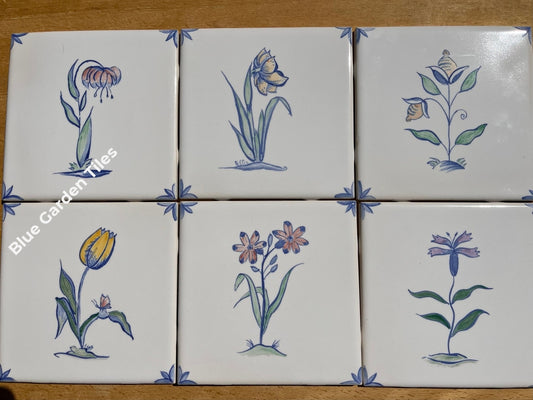 Set Of Six 6 Hand Painted Tiles Delft Style With Color